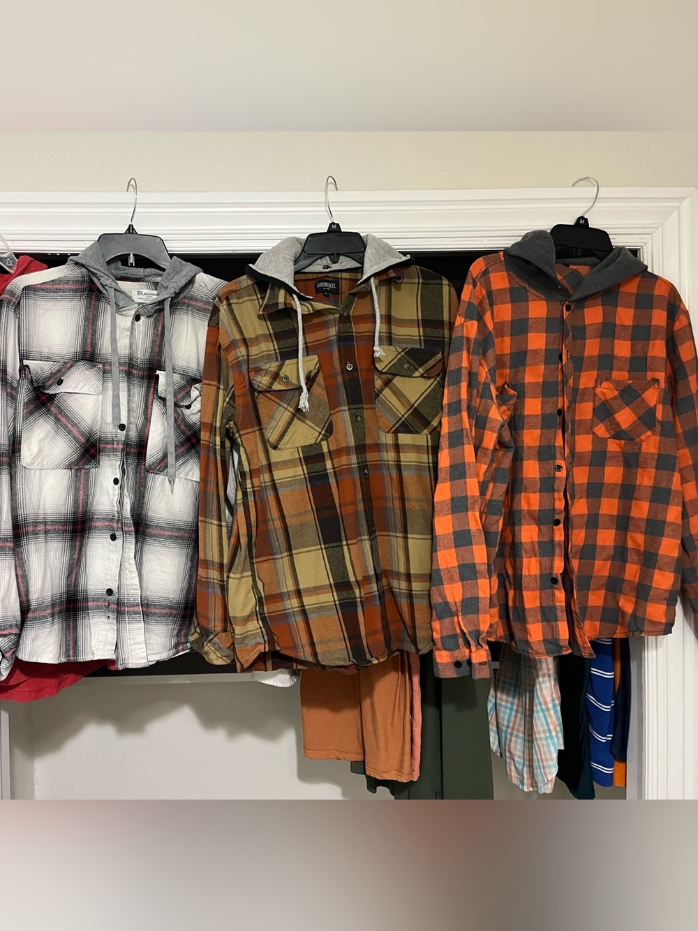 Men’s Hooded Plaid Shirt- White Plaid, Brown Plaid, Orange Plaid.